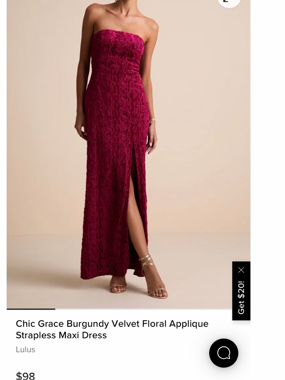 Lulu's Burgundy Strapless Velvet Floral-Appliqué Maxi Dress
